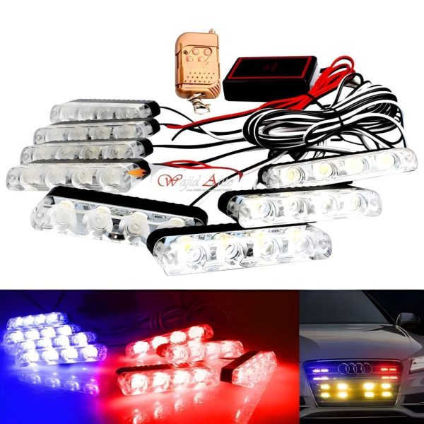 Red and blue led police flasher lights 8pc set with remote.