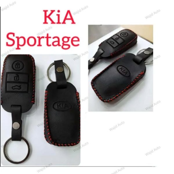 Leather key cover black in red stitch with key ring for kia sportage