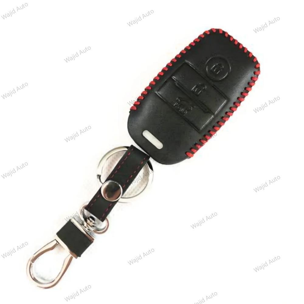 Black leather key cover with red stitch and chrome hook