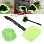 Black stick with green colour microfiber towel for car cleaning.Car cleaning brush