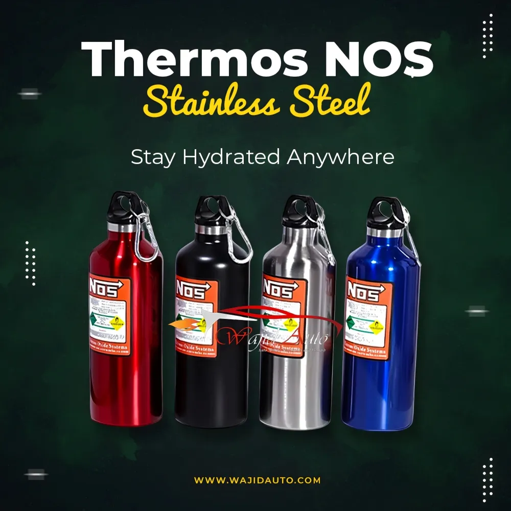 NOS-inspired stainless steel insulated water bottle with leak-proof design and attached carabiner for easy carrying.